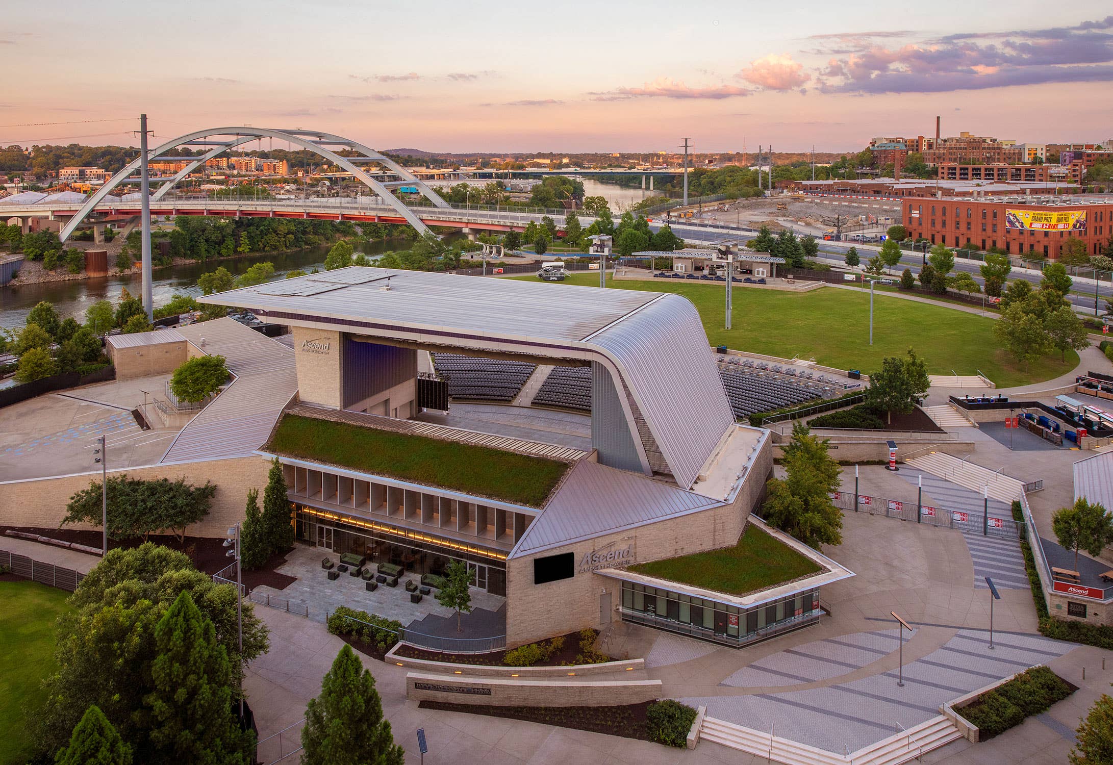 An aerial view of the venue during sunset.
