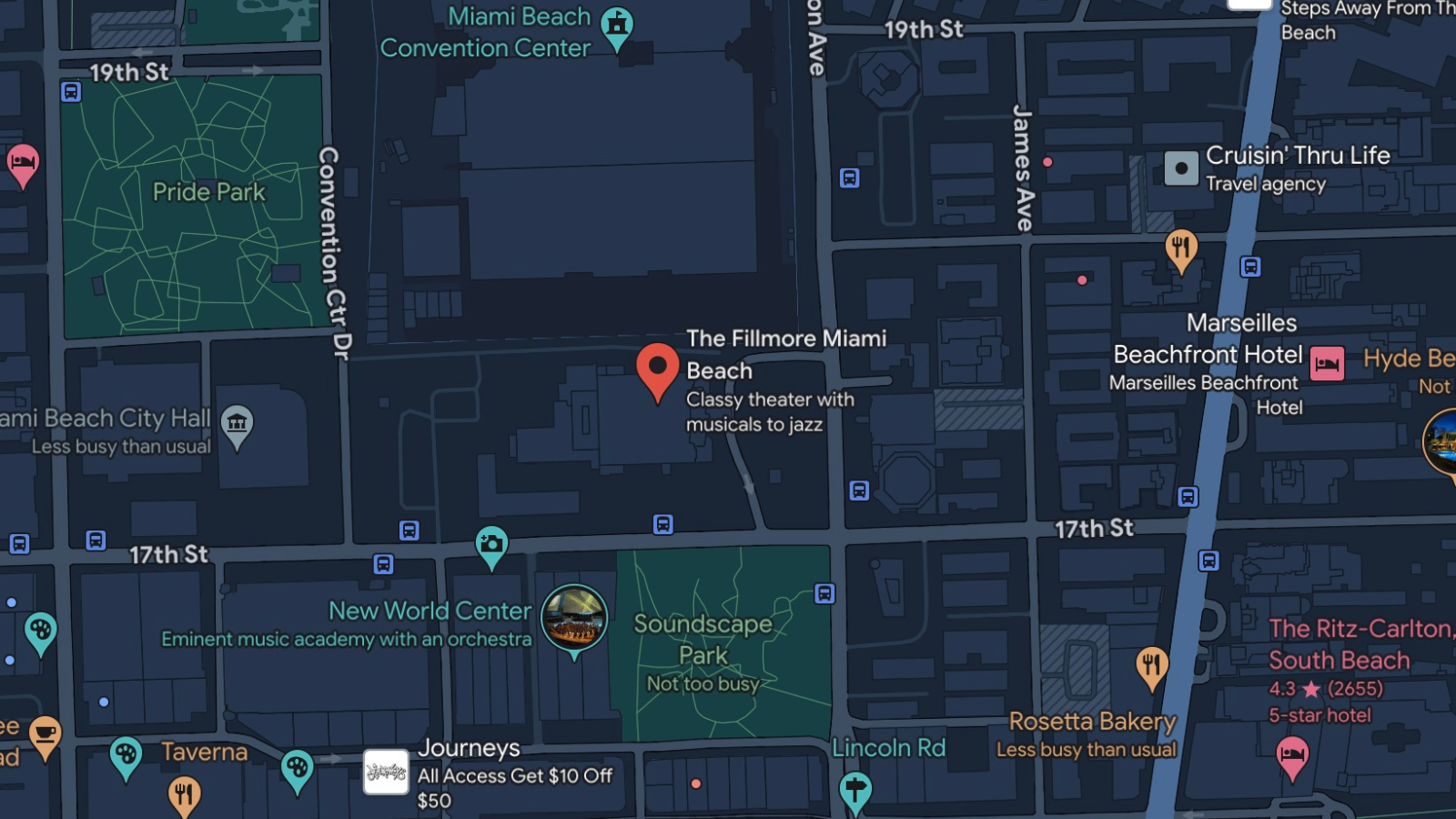 Map view showing the location of The Fillmore Miami Beach, situated near the Miami Beach Convention Center, Pride Park, and Lincoln Road.