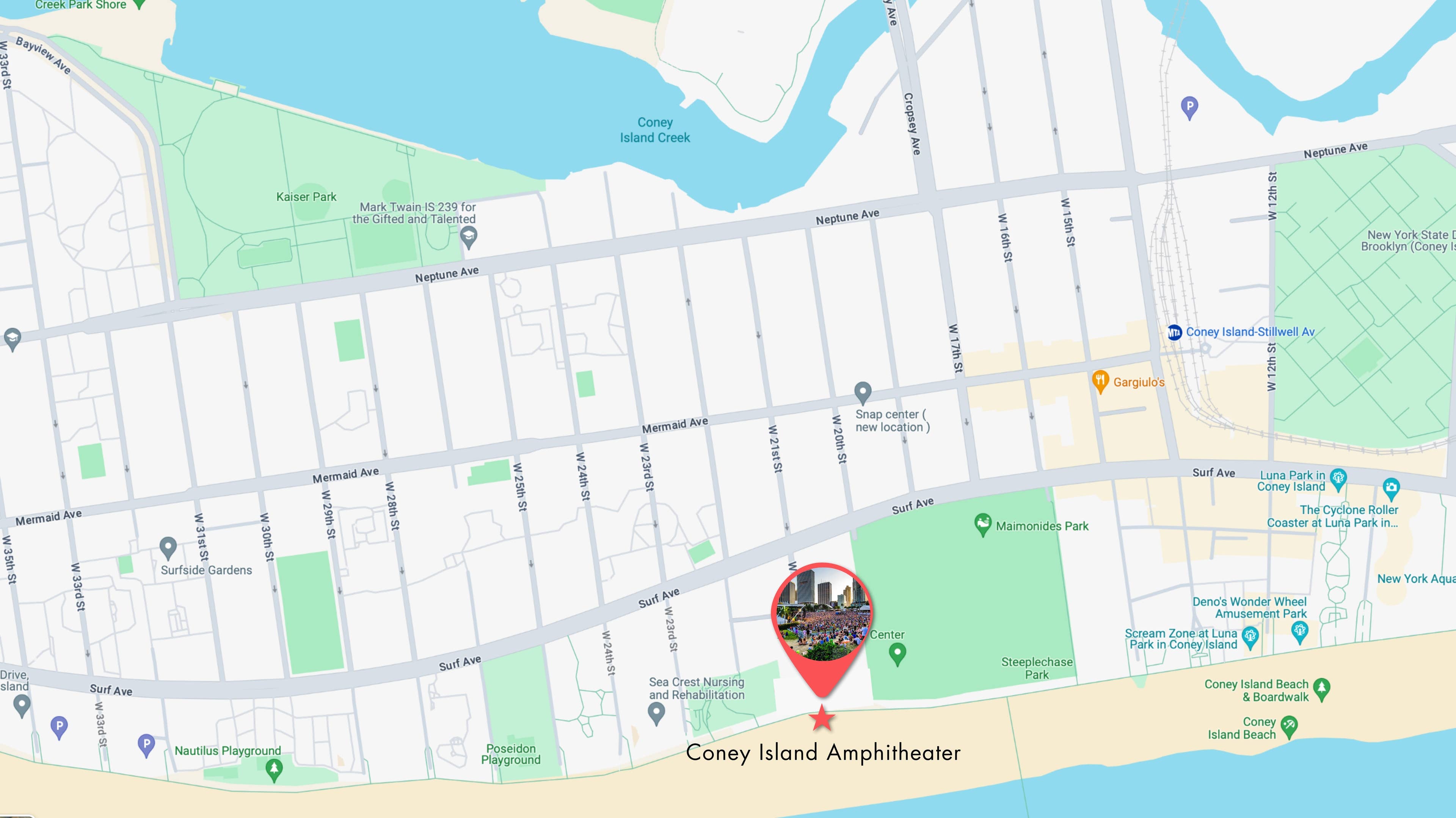 Map of Coney Island showing where the Amphitheater is