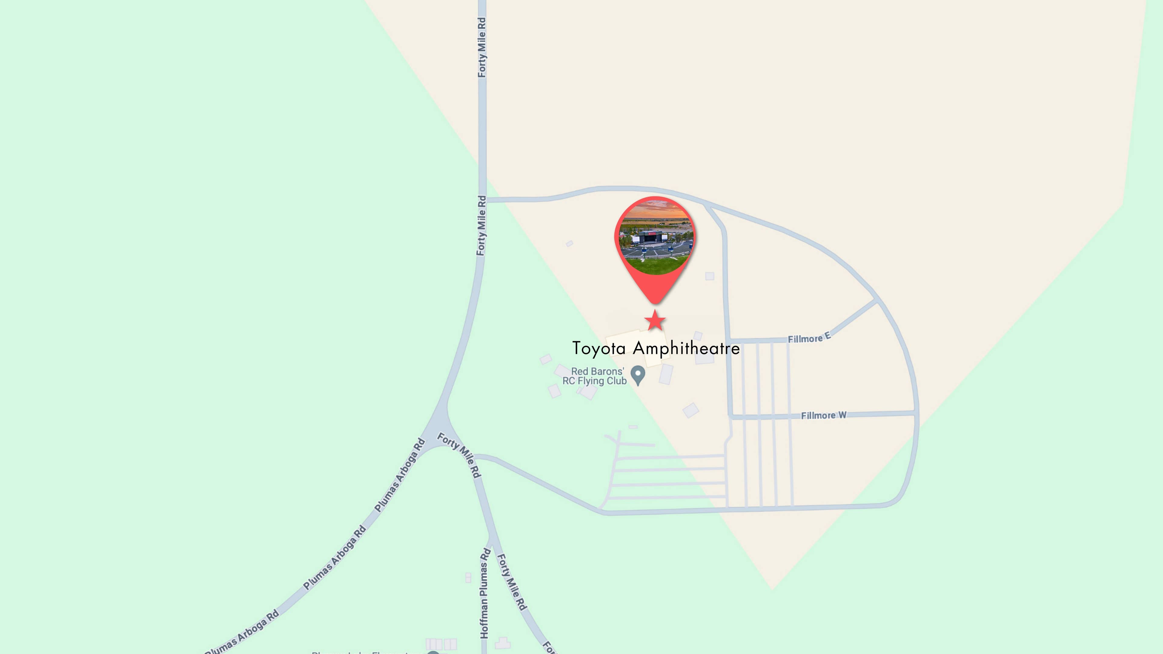 Map of Wheatland area around the venue with Toyota Amphitheatre starred