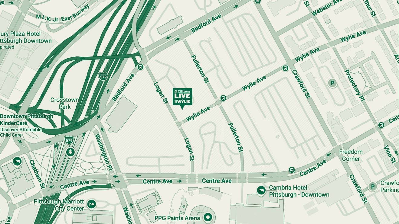 A map of the nearby roads and a logo to pinpoint the location of the Citizens Live at The Wylie venue. 