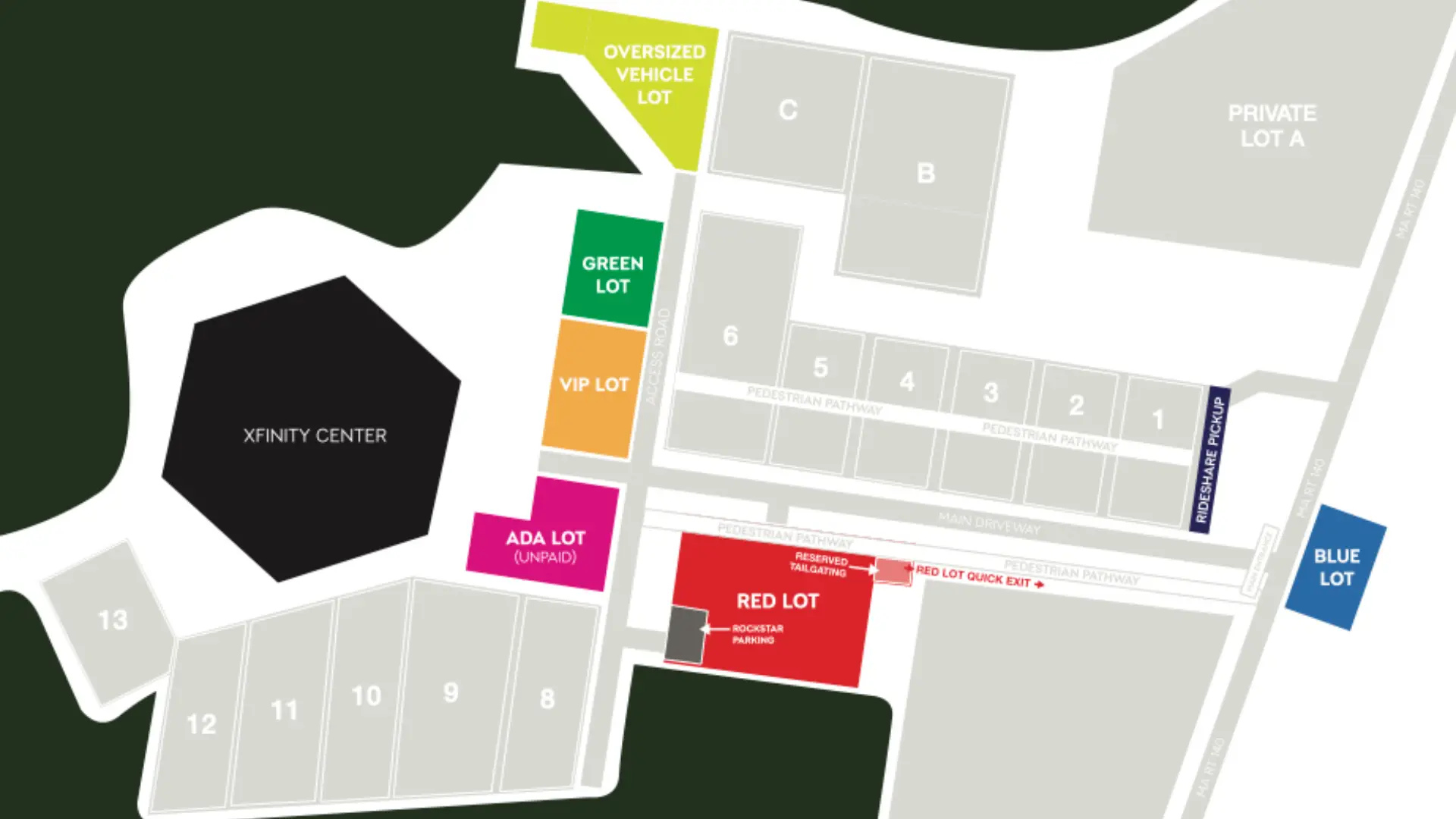 map of the parking lots at Xfinity Center