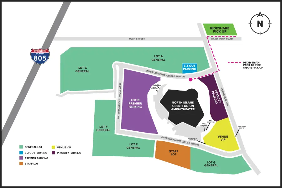 A parking map of all the various parking lot options at the venue.