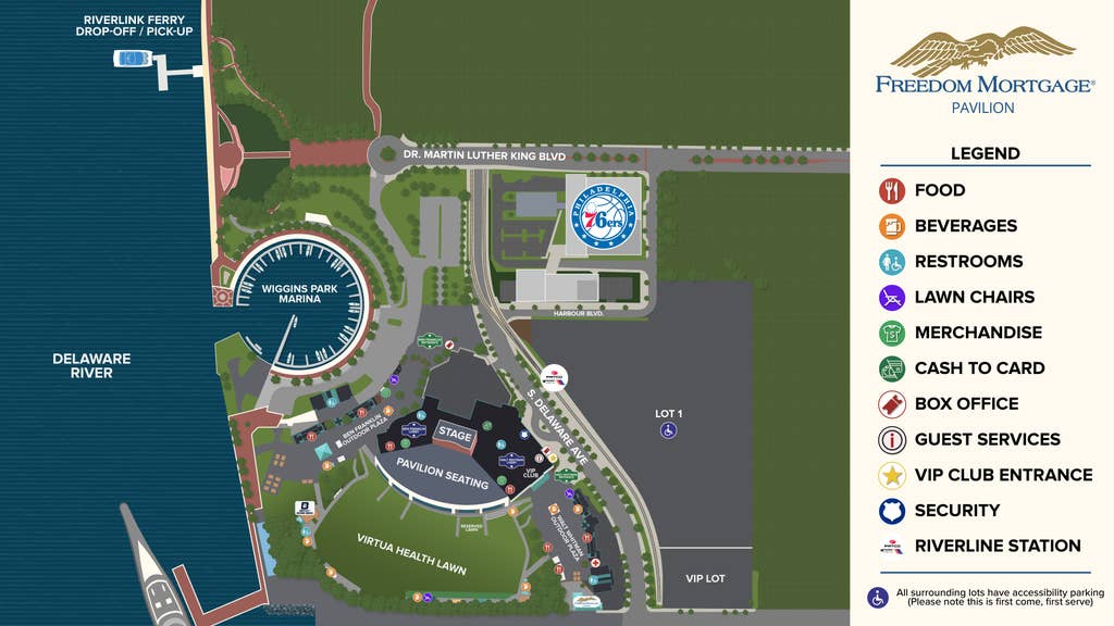 A map showing the food, beverage, restroom, lawn chair, merch, box office, guest services, security, VIP club entrance, and Riverline Station locations in and around our venue