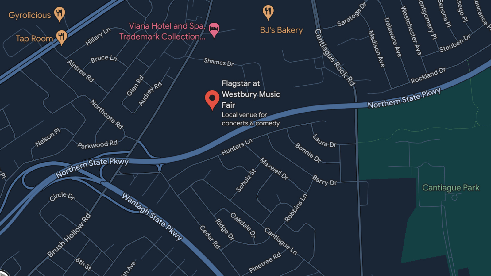 Map showing the surrounding streets and a pin indicating the location of Flagstar at Westbury Music Fair