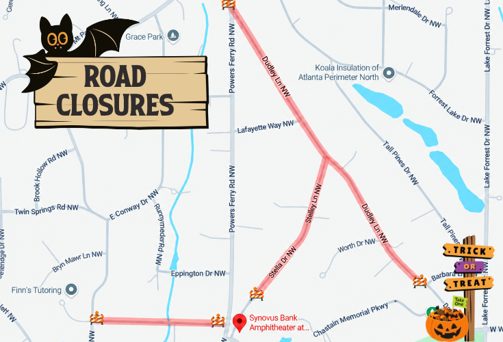 Halloween road-closure and route information for the Chastain Park Amphitheater area