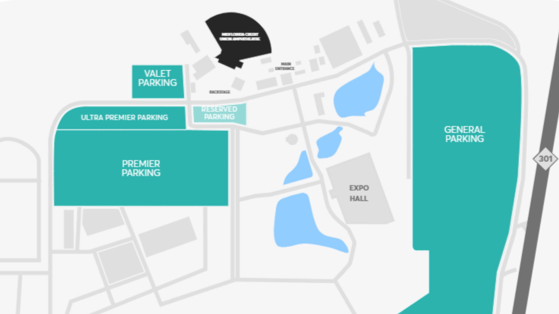 A map that shows all the parking lot options at MidFlorida. 