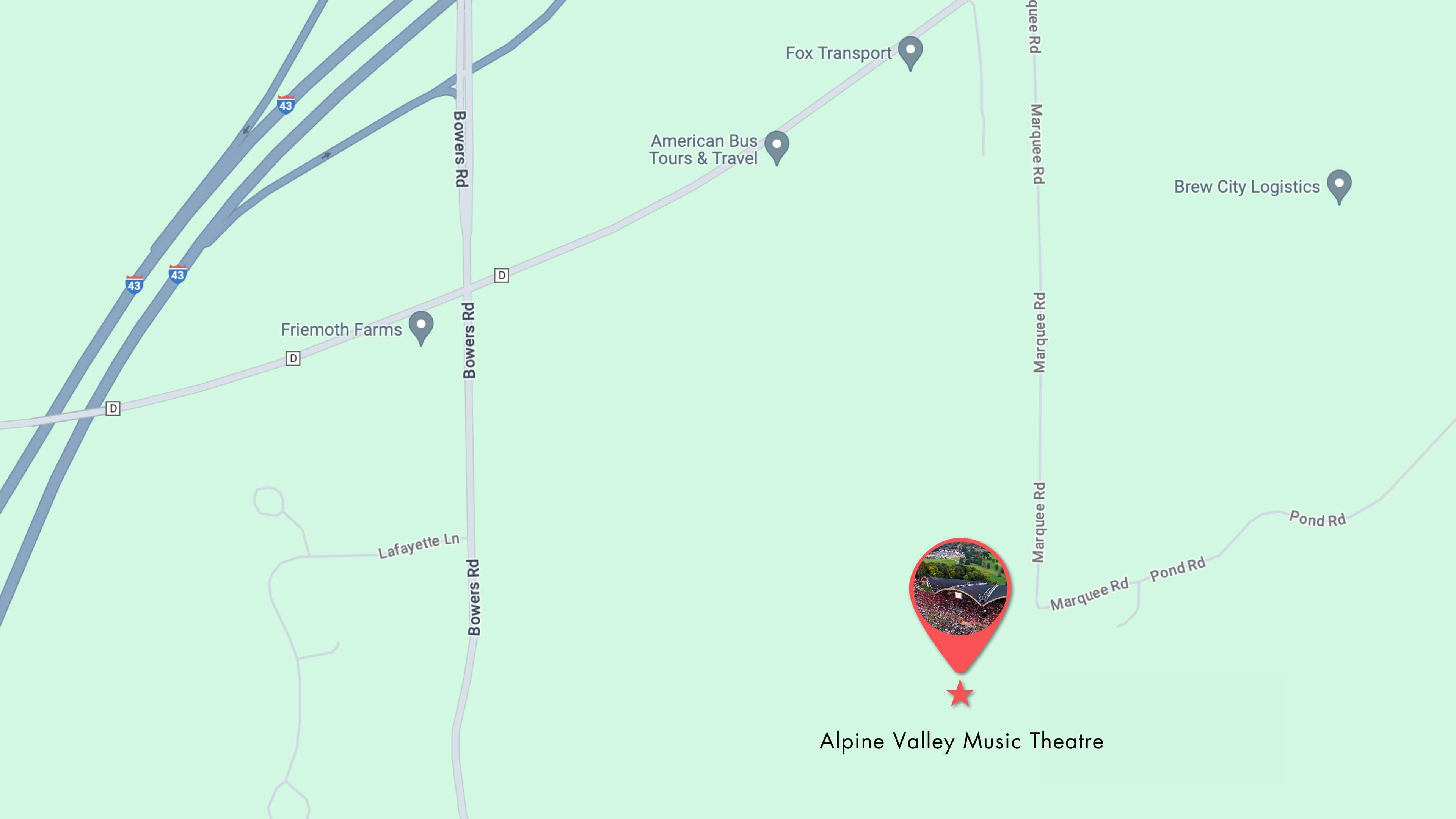 A map of with an indicator of Alpine Valley Music Theatre's location.