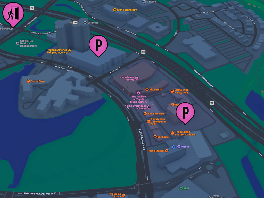 An aerial view of a map of The Pavilion at Toyota Music Factory.