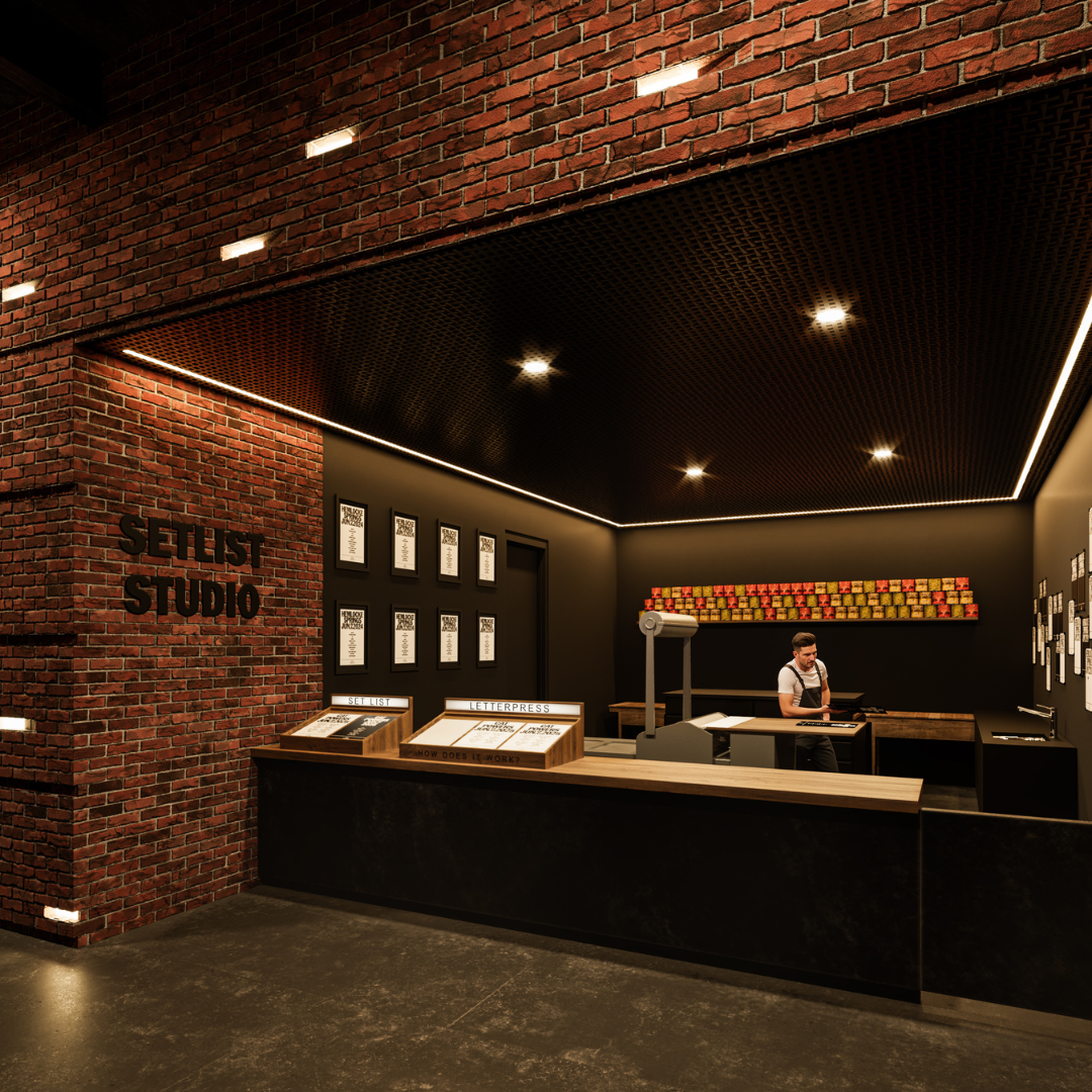 An area of old school letterpress used to print setlist for fans. 