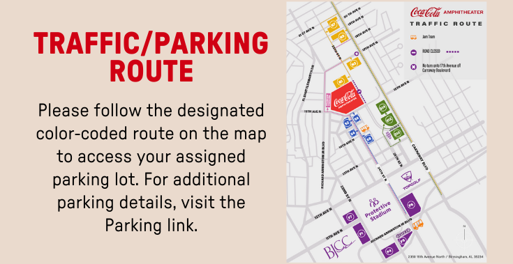 A map indicating the traffic parking route. "Please follow the designated route on the map to access your assigned parking lot. For additional parking details, visit the parking link.