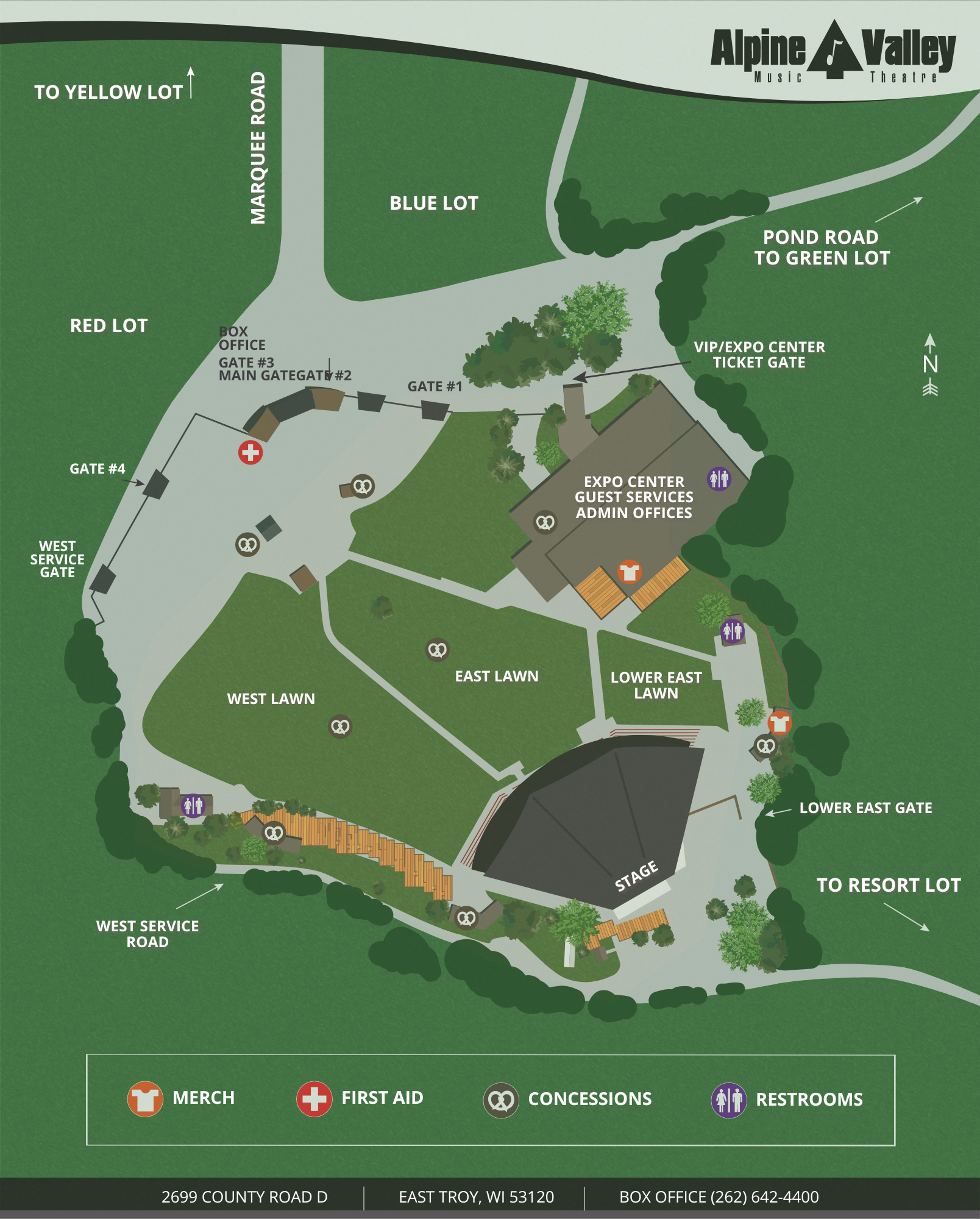 A venue map indicating the different lots, lawn area, merch, first aid, concessions, and restrooms at Alpine Valley Music Theatre.