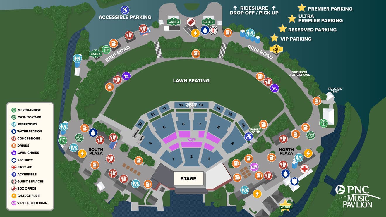 A detailed venue map of PNC Music Pavilion.