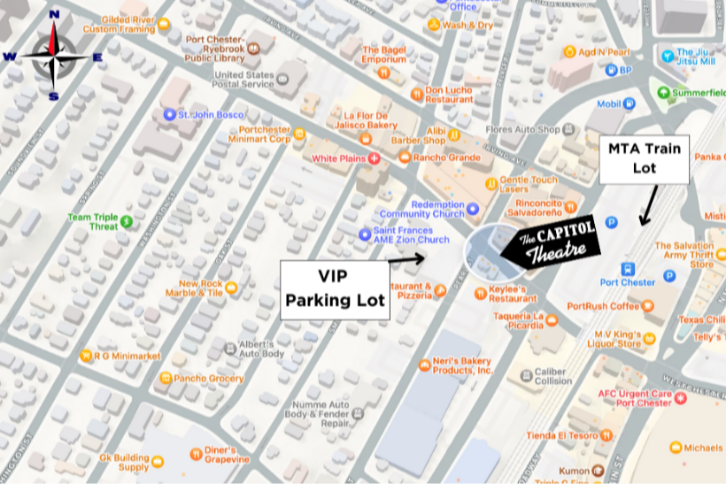 A map of the surrounding streets with an indicator of the VIP Parking lot at the The Capitol Theatre 