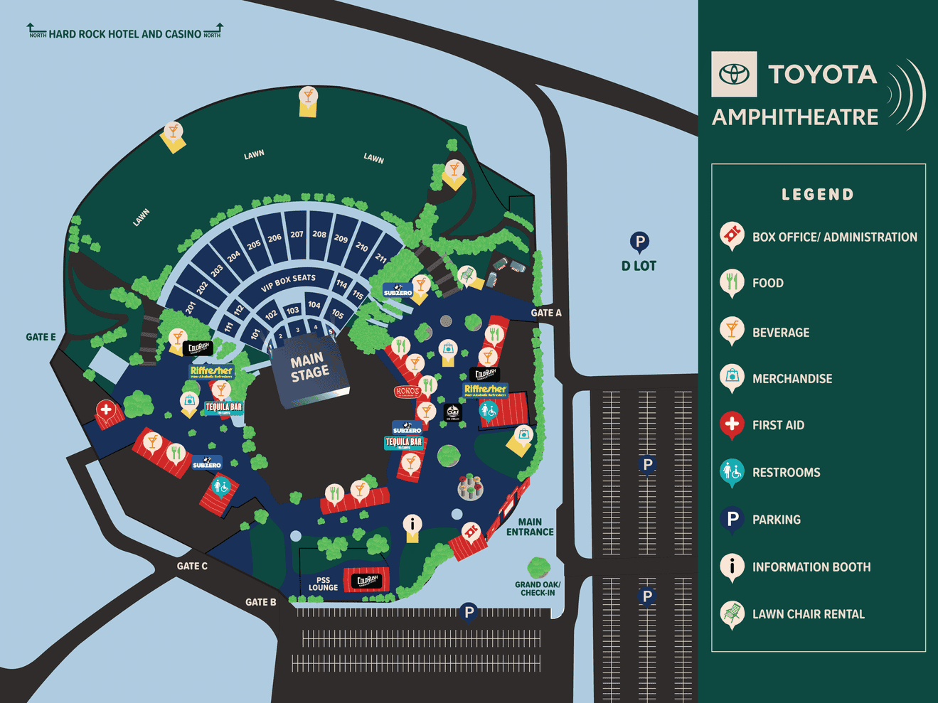 A detailed map of Toyota Amphitheatre showing important locations like box office, first aid, restrooms, etc.
