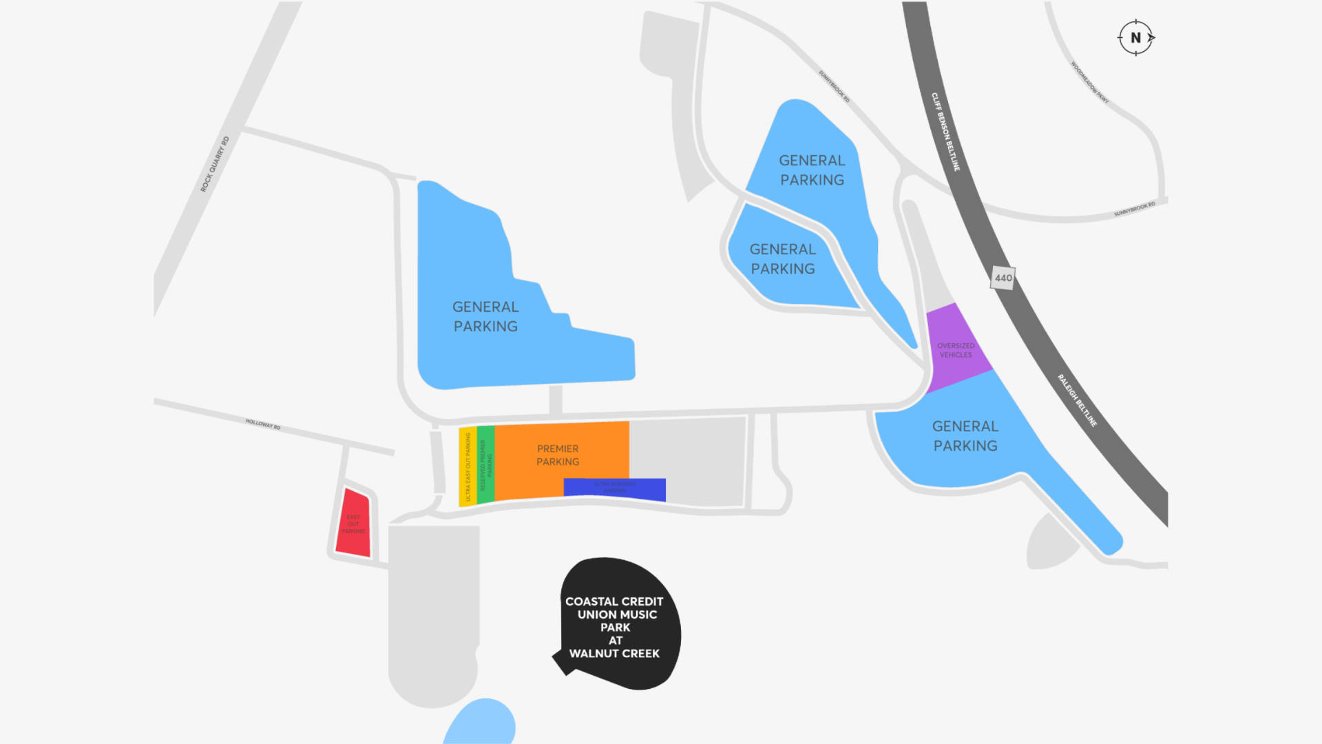 A colorful map of various parking lots around Coastal Credit Union Music Park