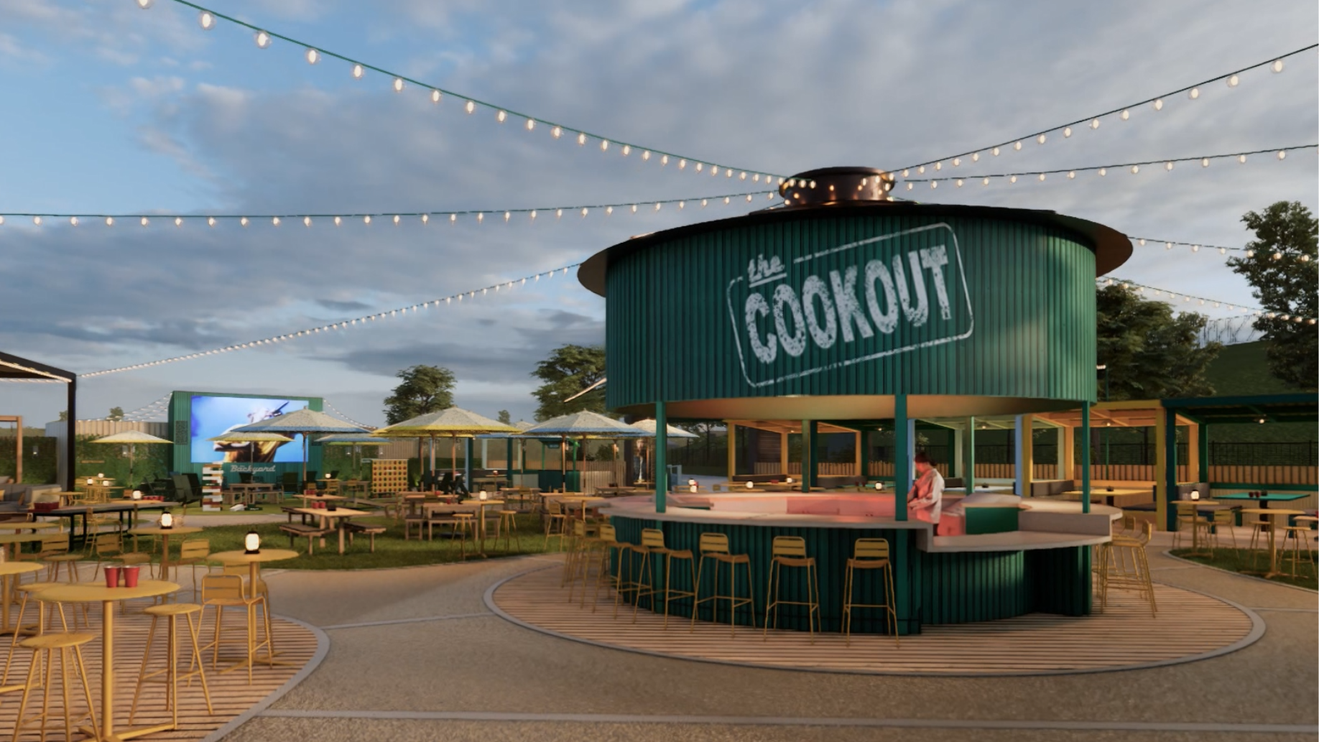 A rendering shows The Cookout area with chairs around it.