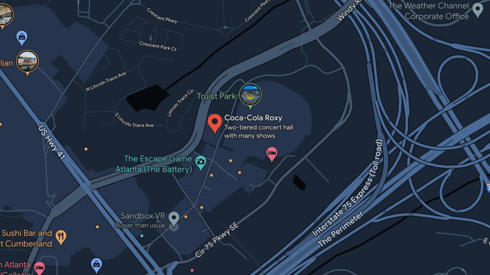 A map showing the location of the Coca-Cola Roxy.