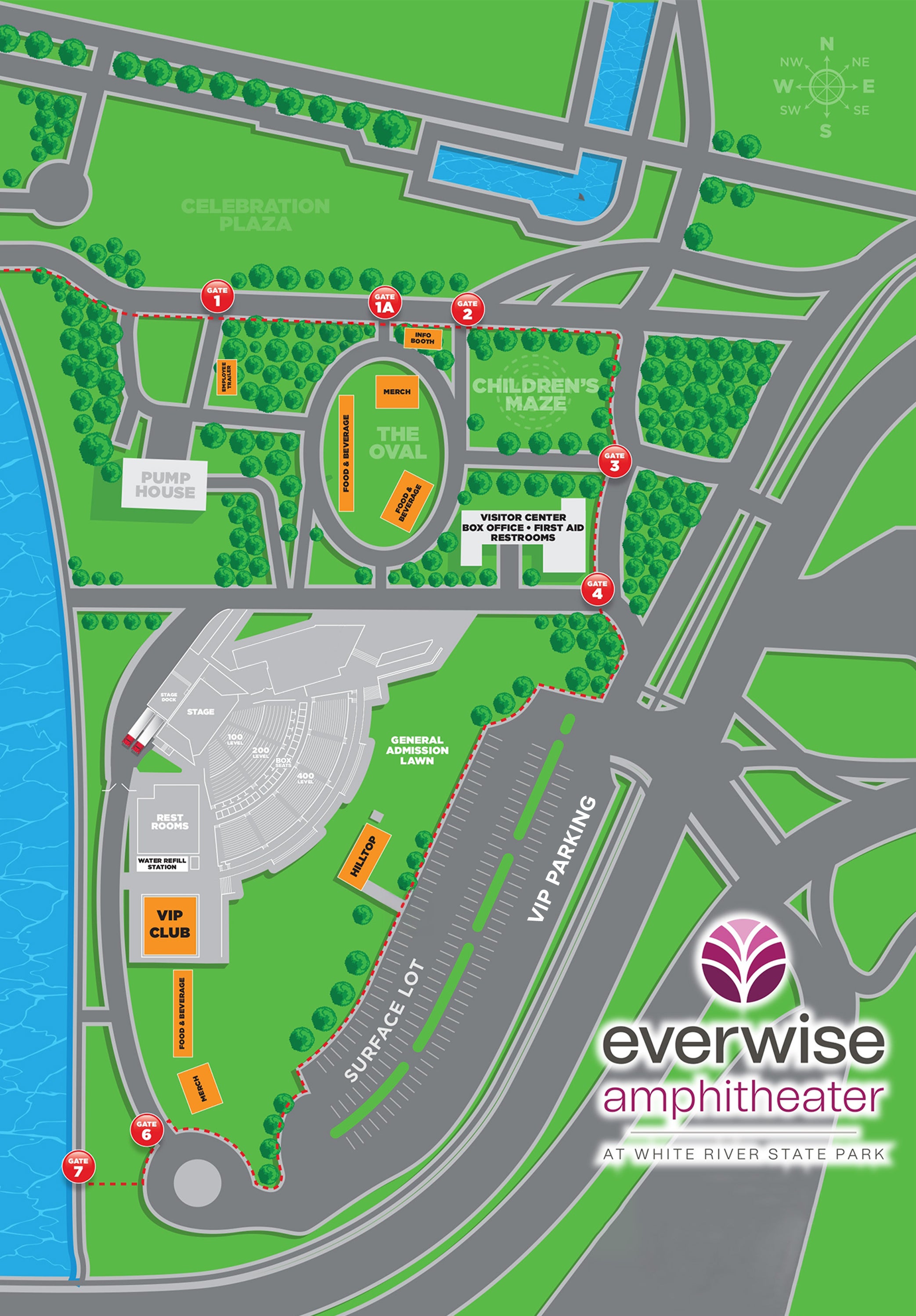 A detailed map of Everwise Amphitheater at White River State Park. 