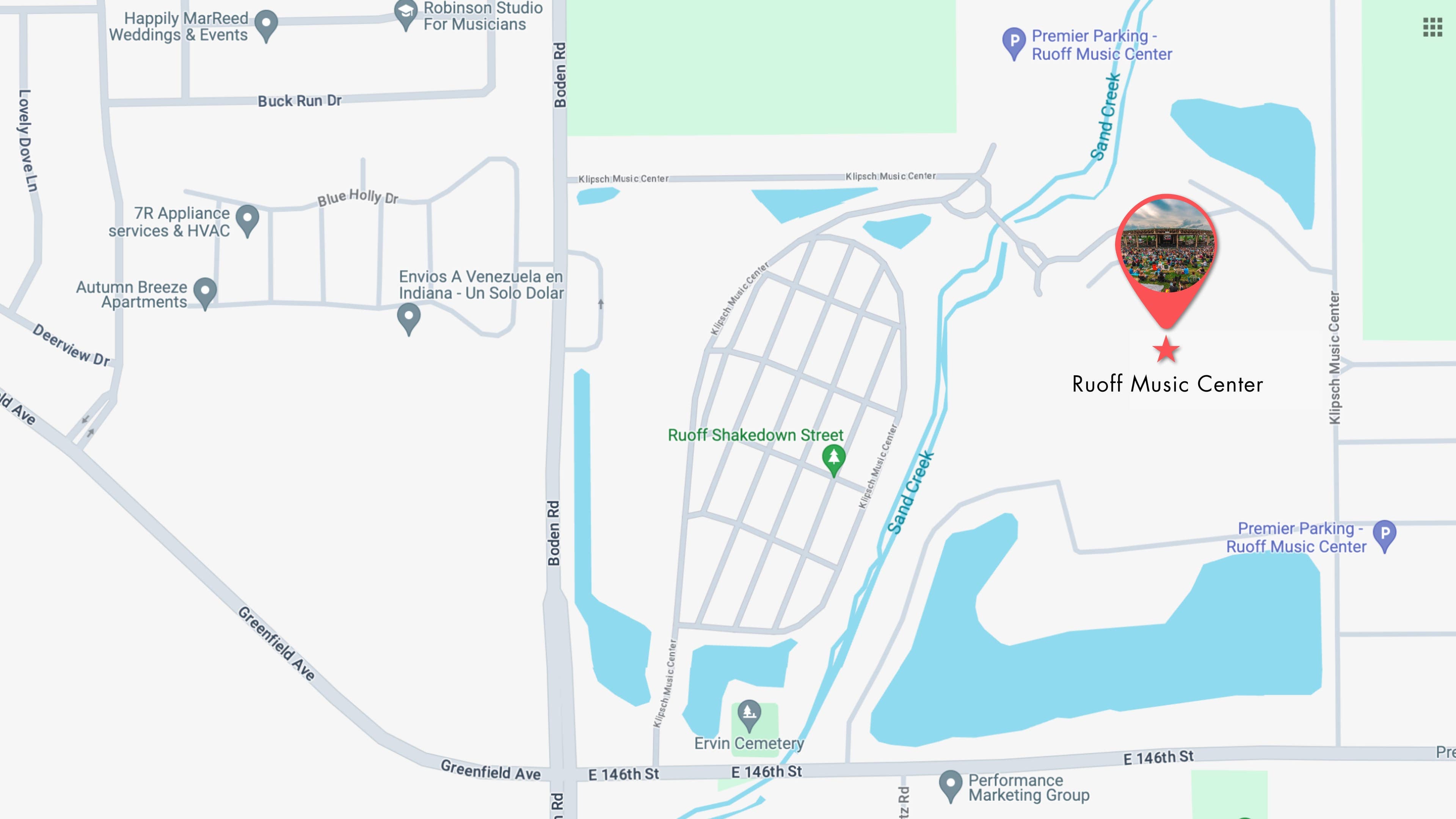 Map of the surrounding streets and pin indicating the location of Ruoff Music Center