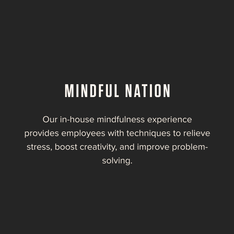 Mindful Nation - Our in-house mindfulness experience provides employees with techniques to relieve stress, boost creativity, and improve problem solving.