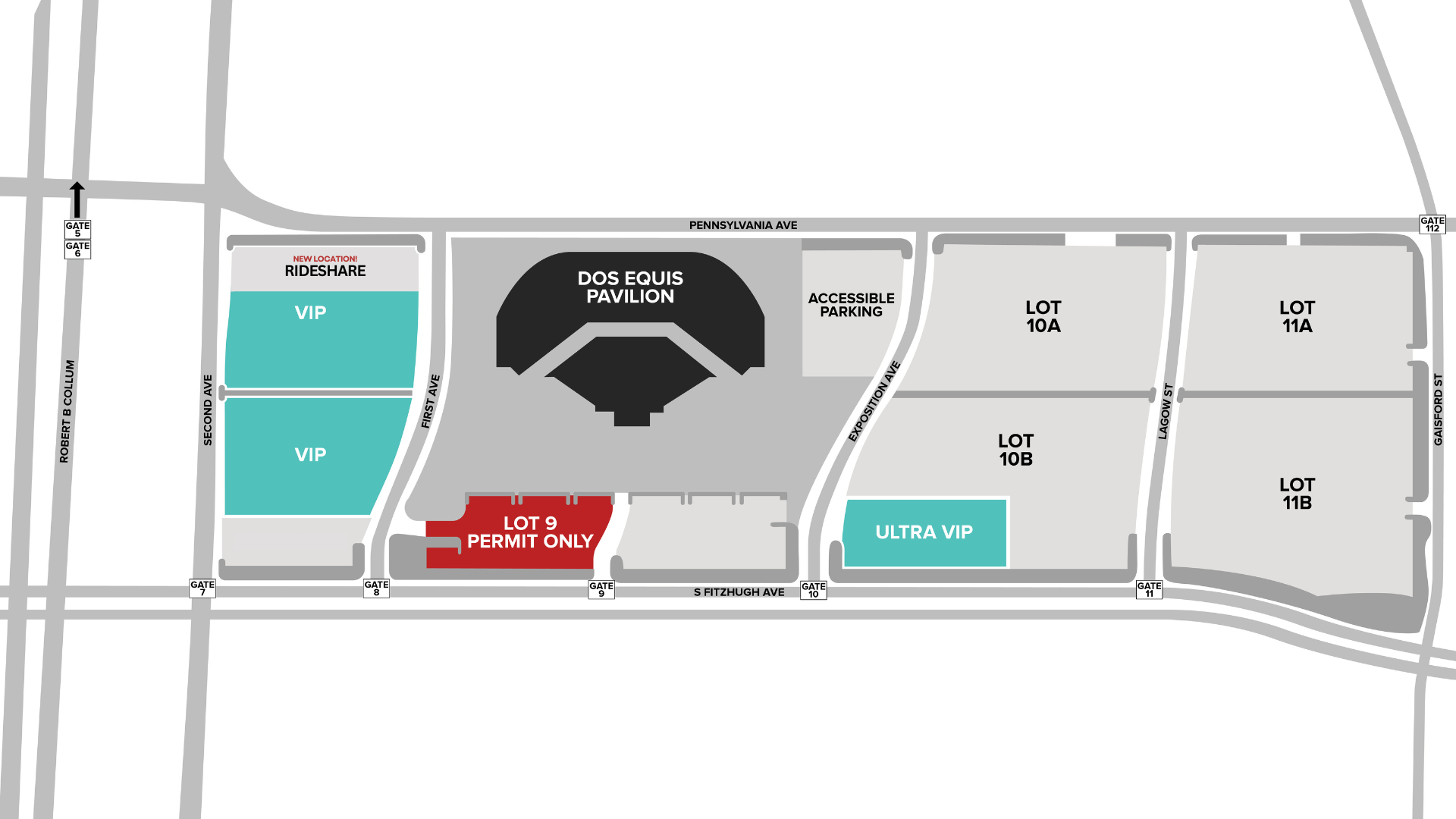 A parking map of the various parking lot options at Dos Equis.