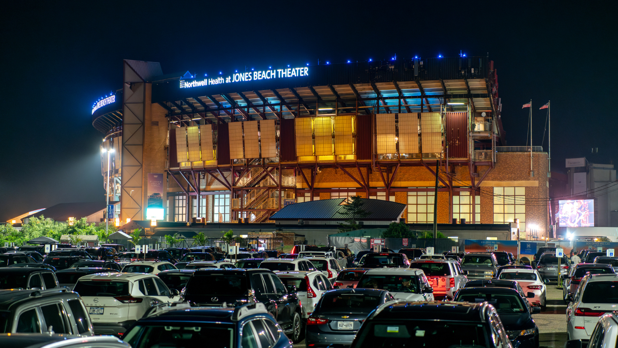 A view of the venue from the parking lot at Jones Beach Theater.