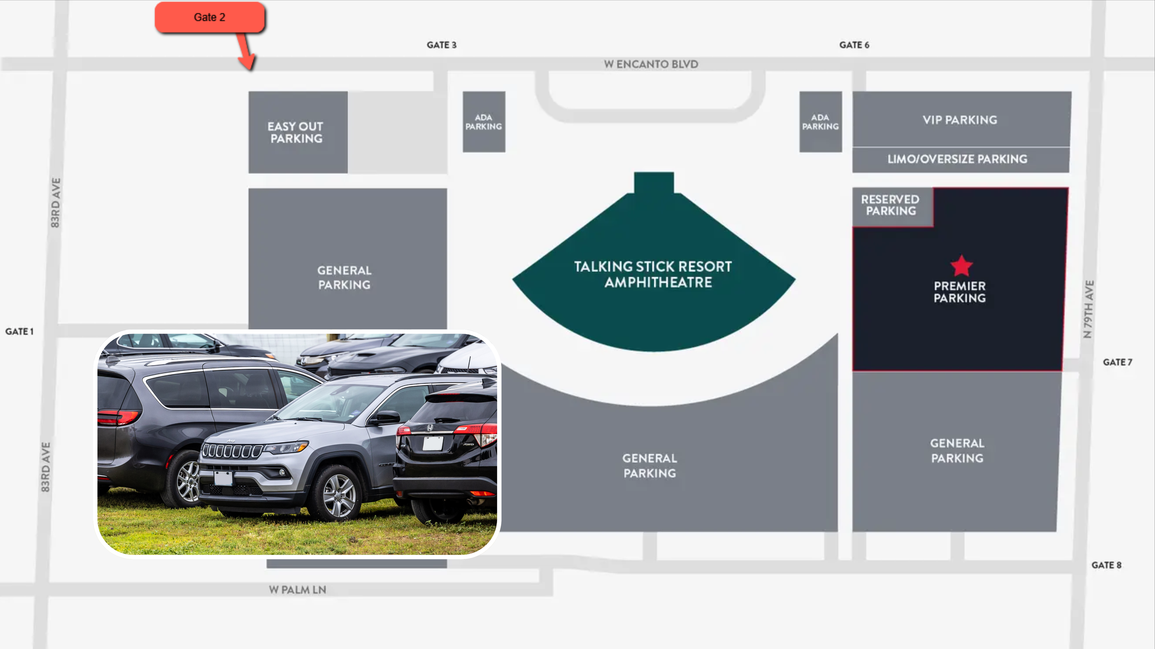 Map graphic detailing where the parking lots are on venue grounds