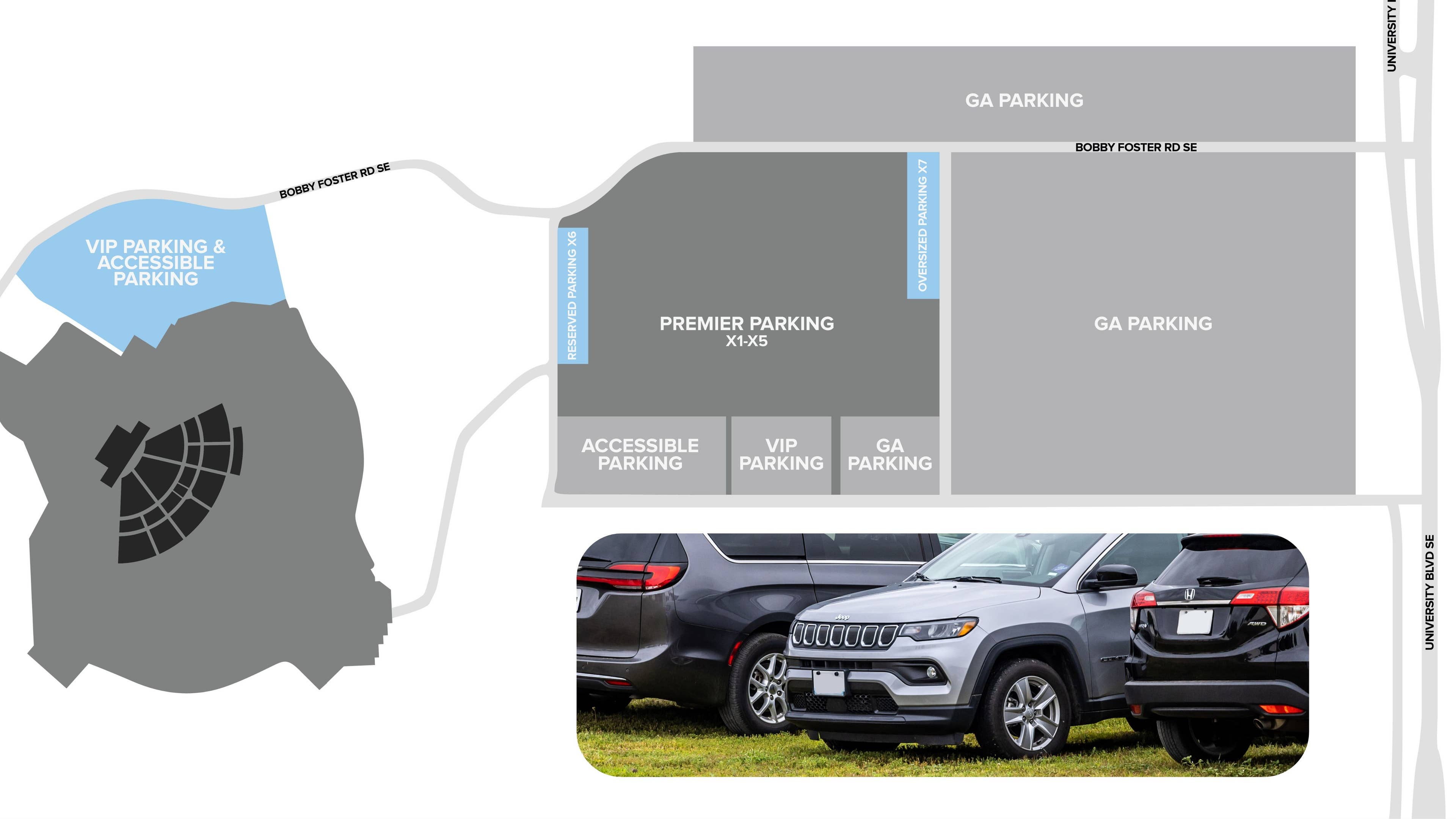 Map graphic of the parking lots with a small photo of cars on it 