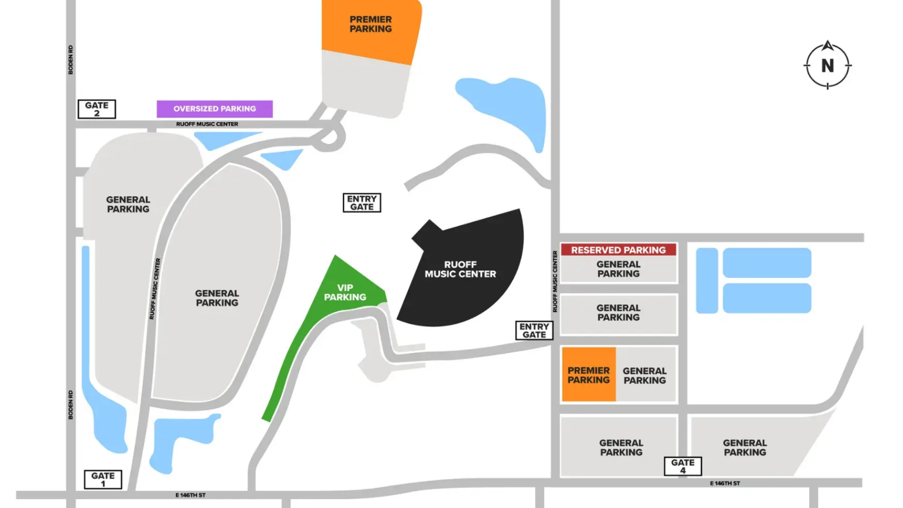 A map that shows all the parking lot options at Ruoff.
