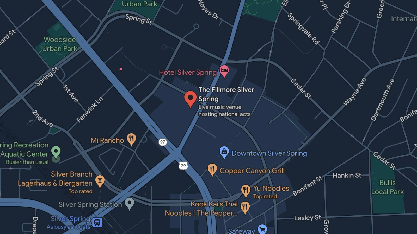 The surrounding streets of the venue with a red pin indicating the location of The Fillmore Silver Spring.