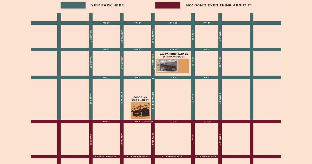 A map of street parking near Scoot Inn