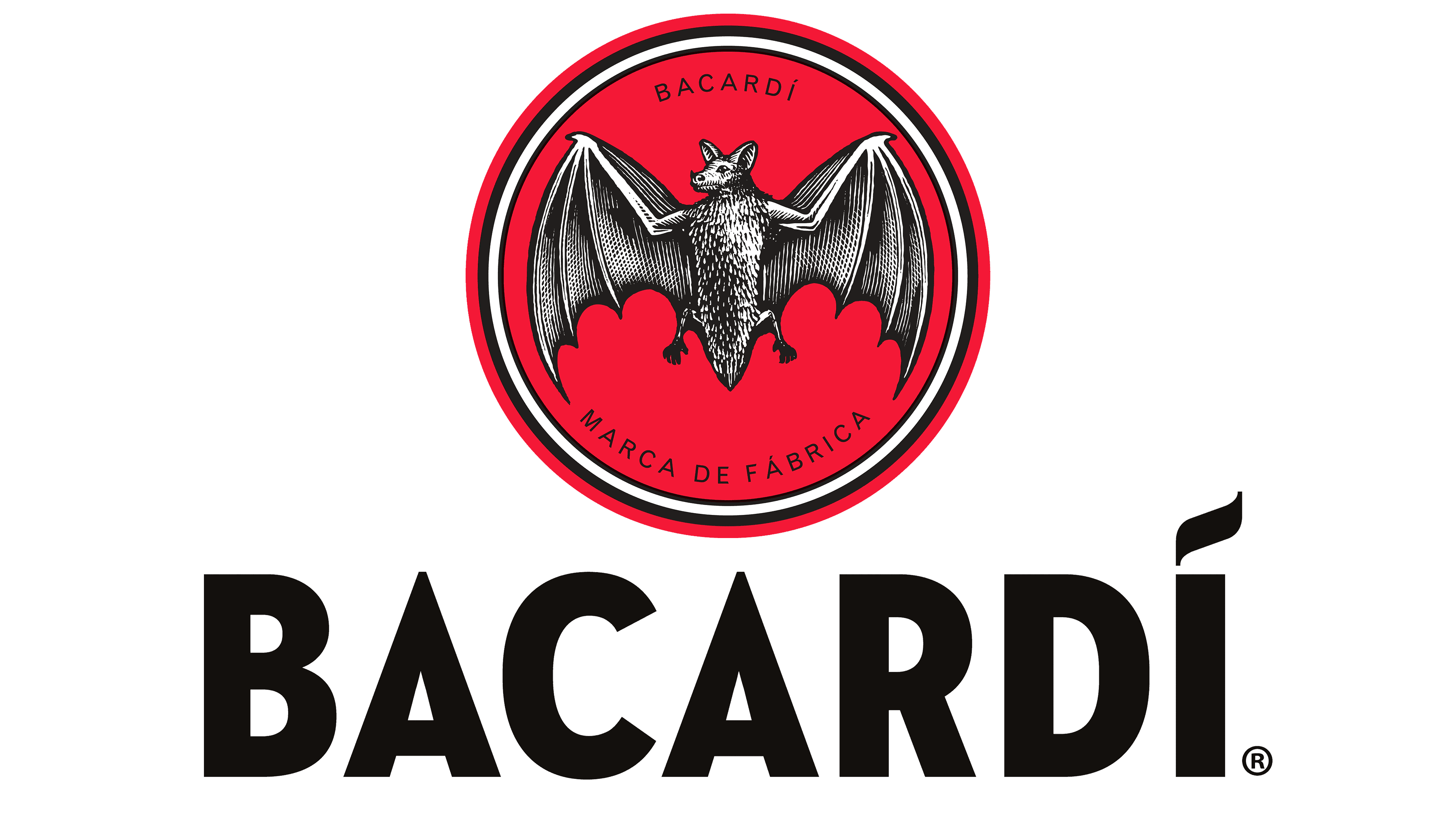 The Bacardi logo shows a black bat with outstretched wings inside a red circle with a gold border with black lettering.