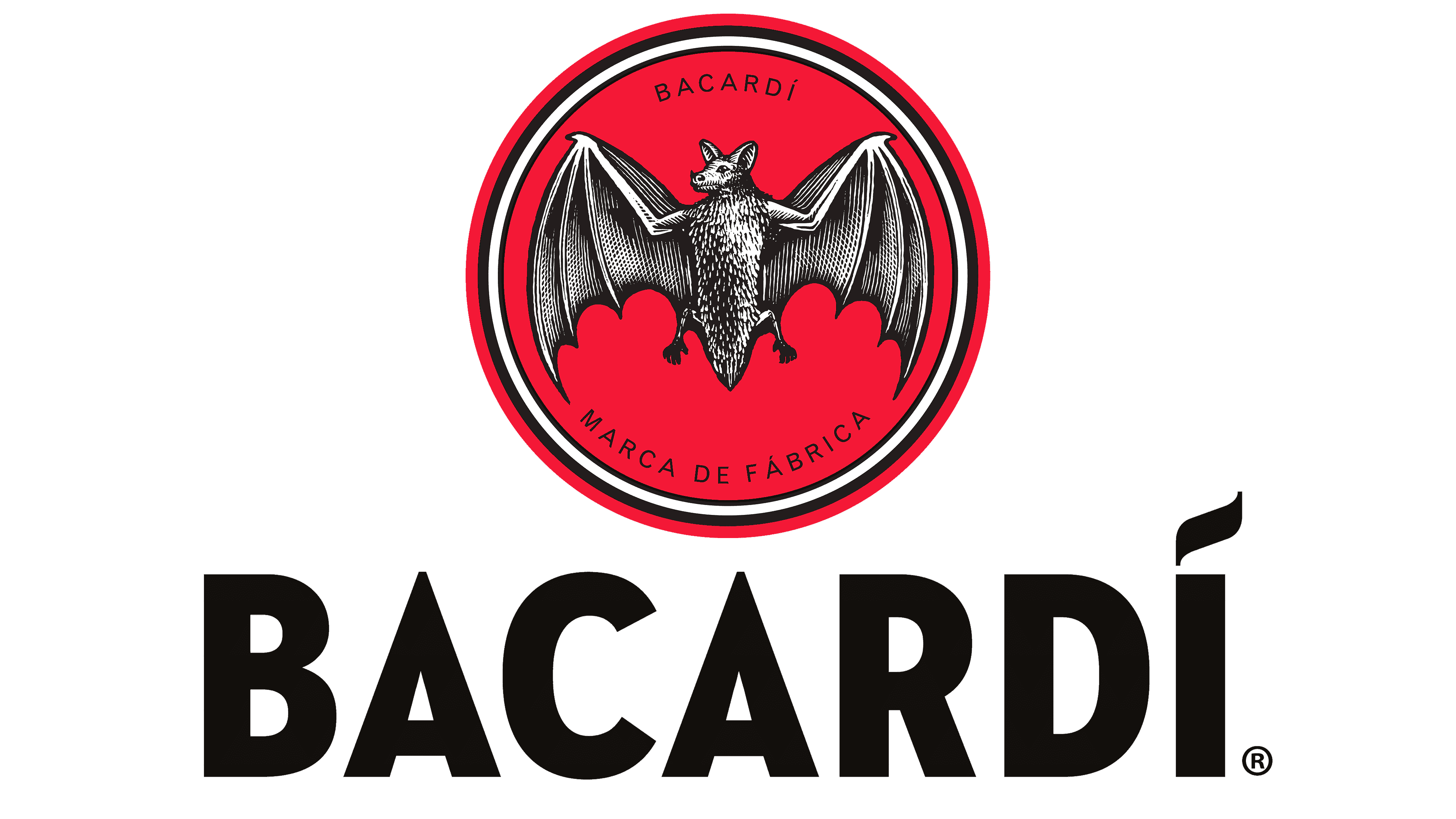 The Bacardi logo shows a black bat with outstretched wings inside a red circle with a gold border with black lettering.