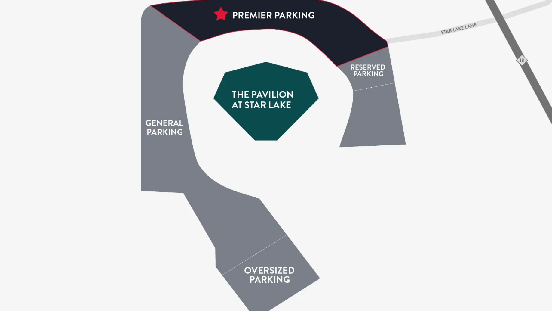 A map that shows all the parking lot options at Star Lake. 