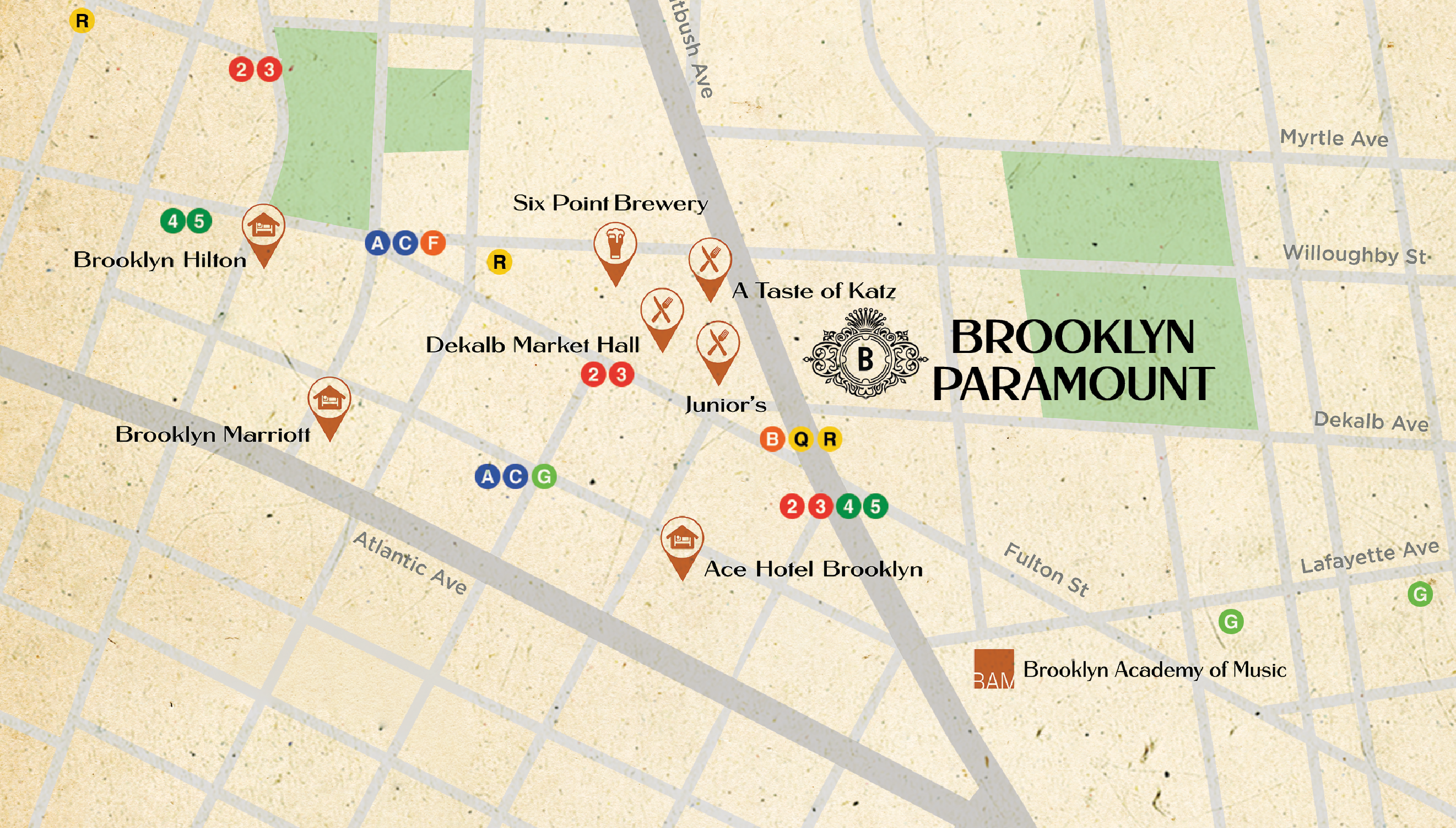 Map of Downtown Brooklyn and a B logo to indicate the location of the Brooklyn Paramount