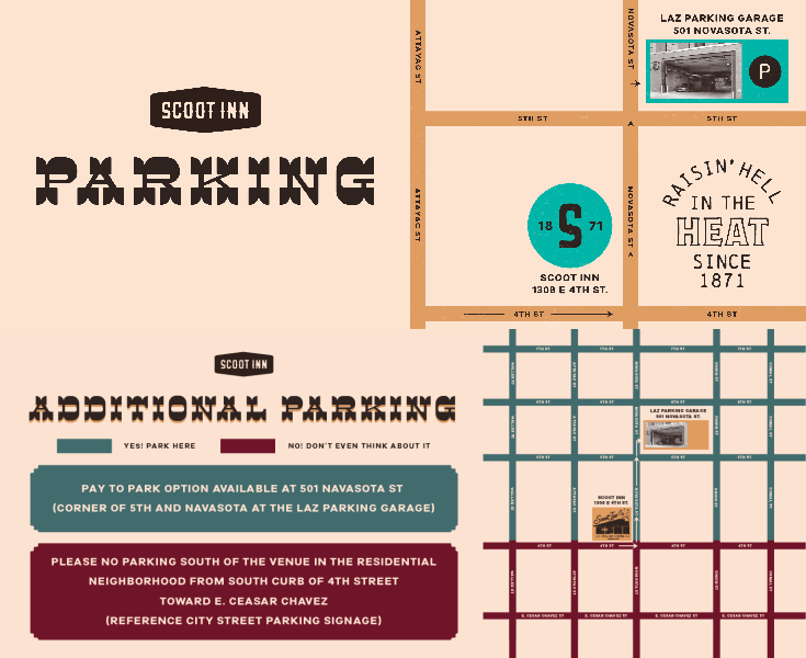 A map of how to get to Scoot Inn and where to park