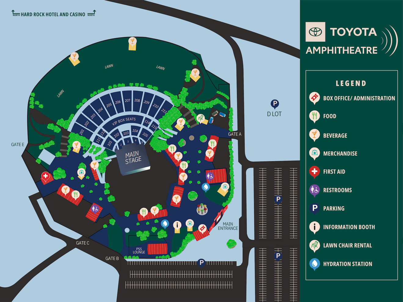 A map of Toyota Amphitheatre where there is a legend that indicates the location of the box office, food, merch, first aid, restrooms, parking, informational booth, lawn chair rental, and a hydration station.