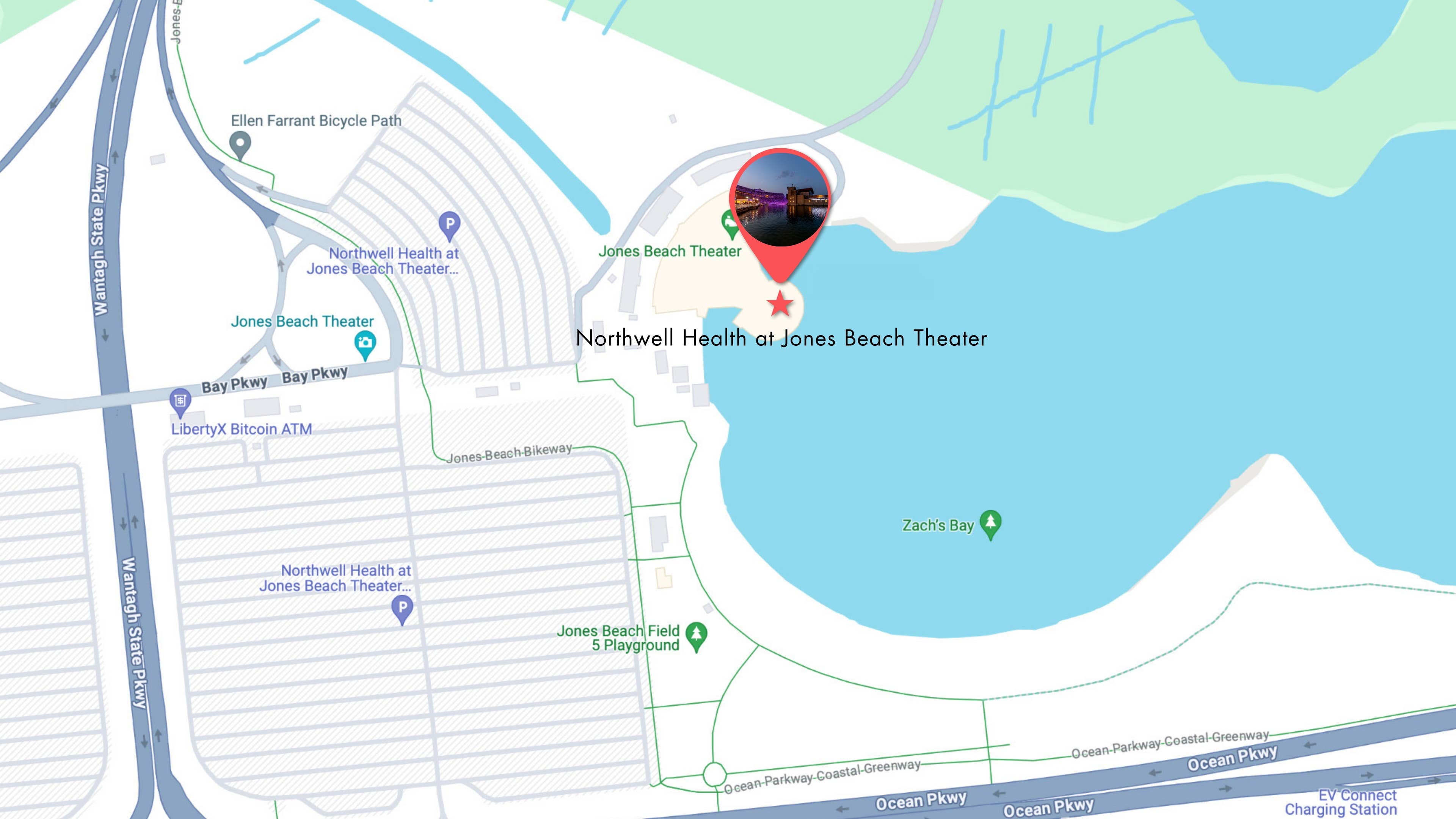 A map of the surrounding streets and parking area at Jones Beach amphitheater