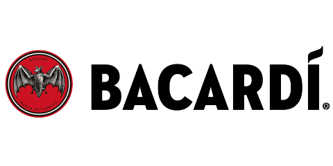 The Bacardi logo shows a black bat with outstretched wings inside a red circle with a gold border with black lettering.