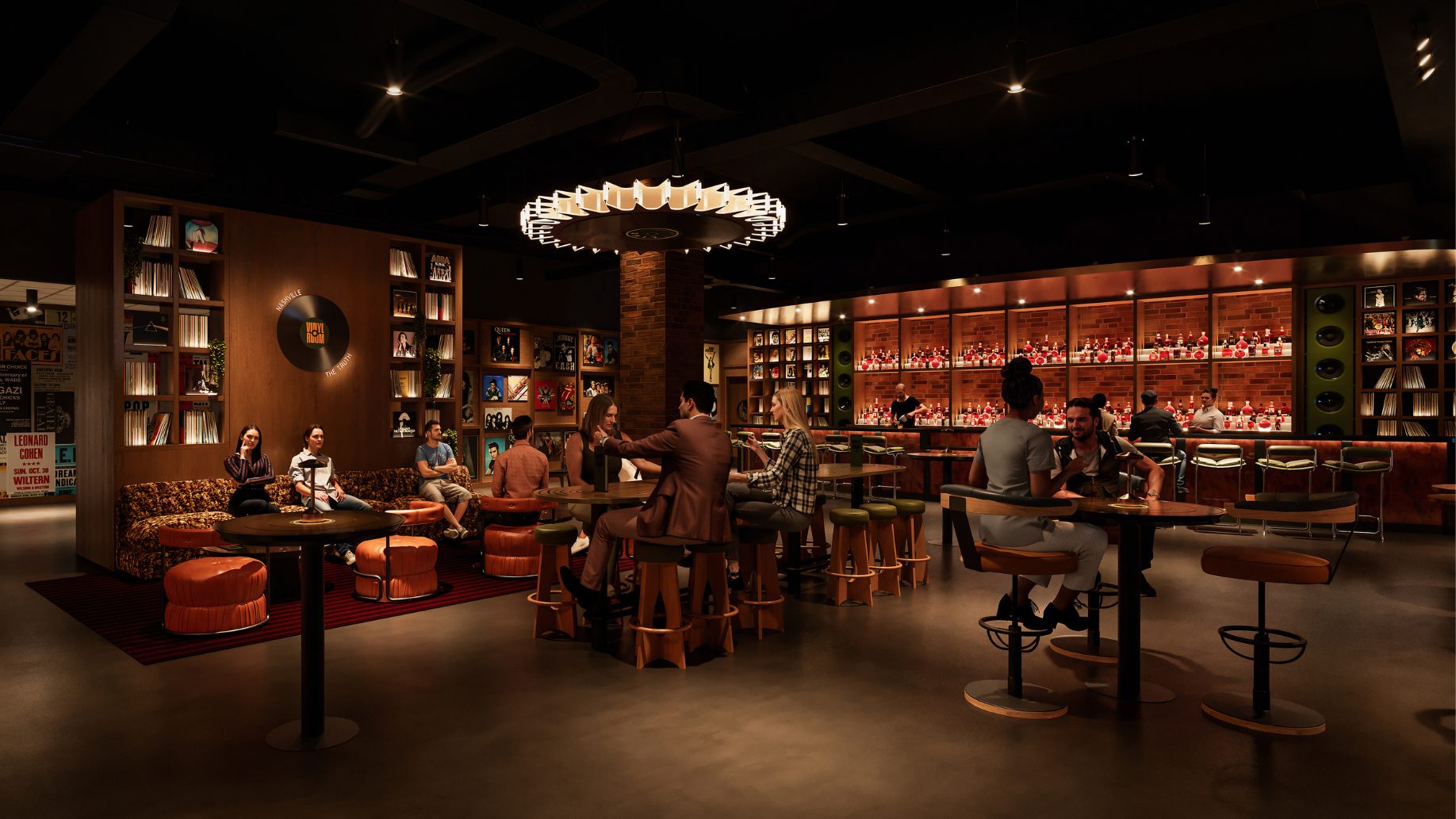 A rendering of the bar and lounge area in the Vinyl Room with fans mingling.
