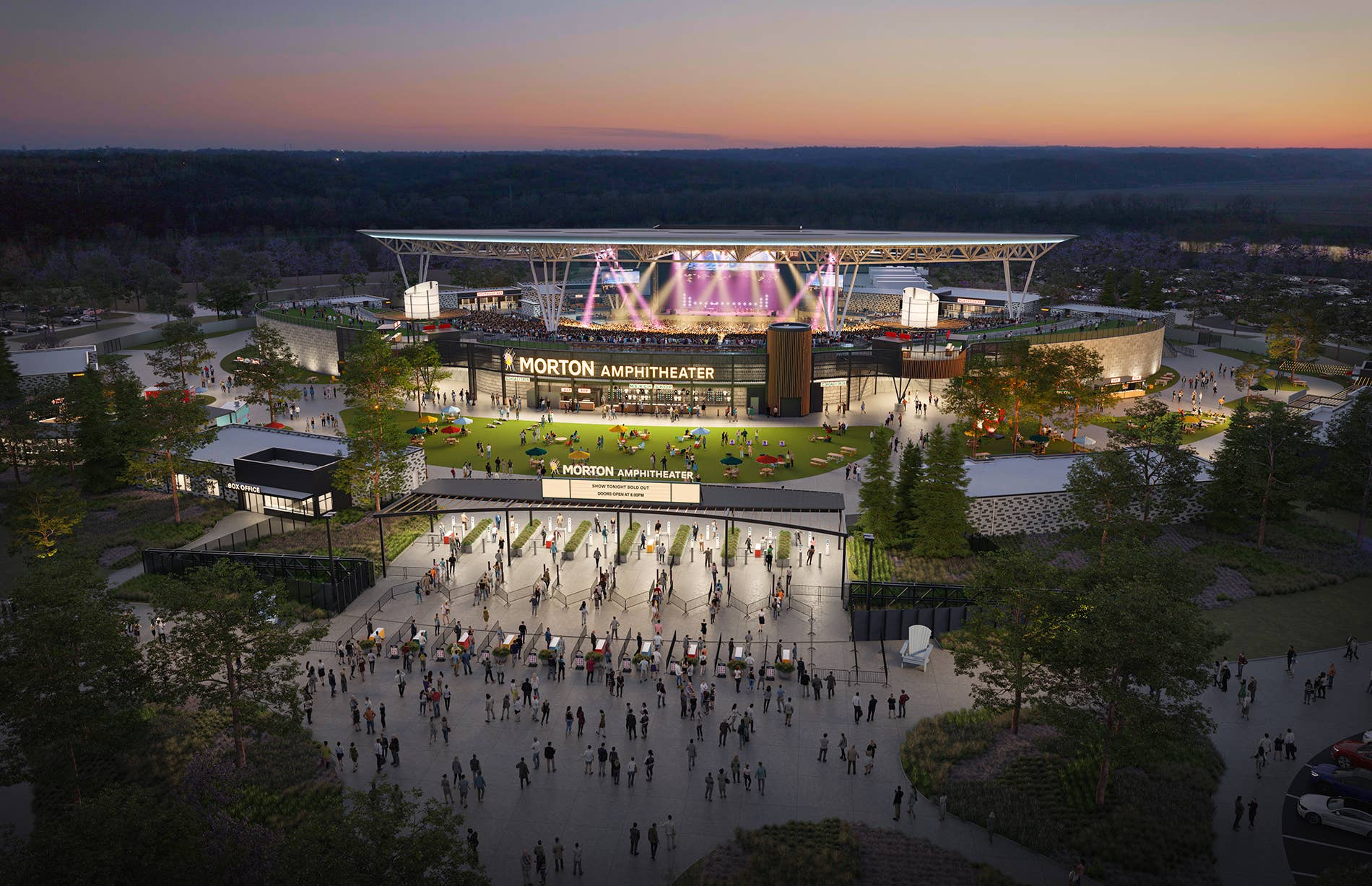 Discover the stunning aerial view of Morton Amphitheater in Riverside, an open-air venue ideal for corporate events, fundraisers, graduations, and private concerts. Book your next event with Live Nation Special Events.