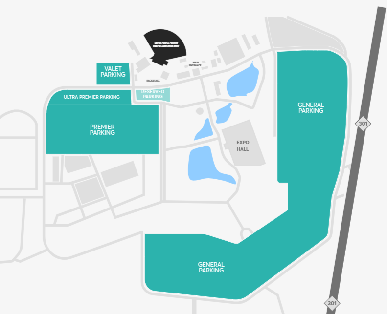 A parking map at MIDFLORIDA Credit Union Amphitheatre that shows where one would find general parking and Premier Parking spots.