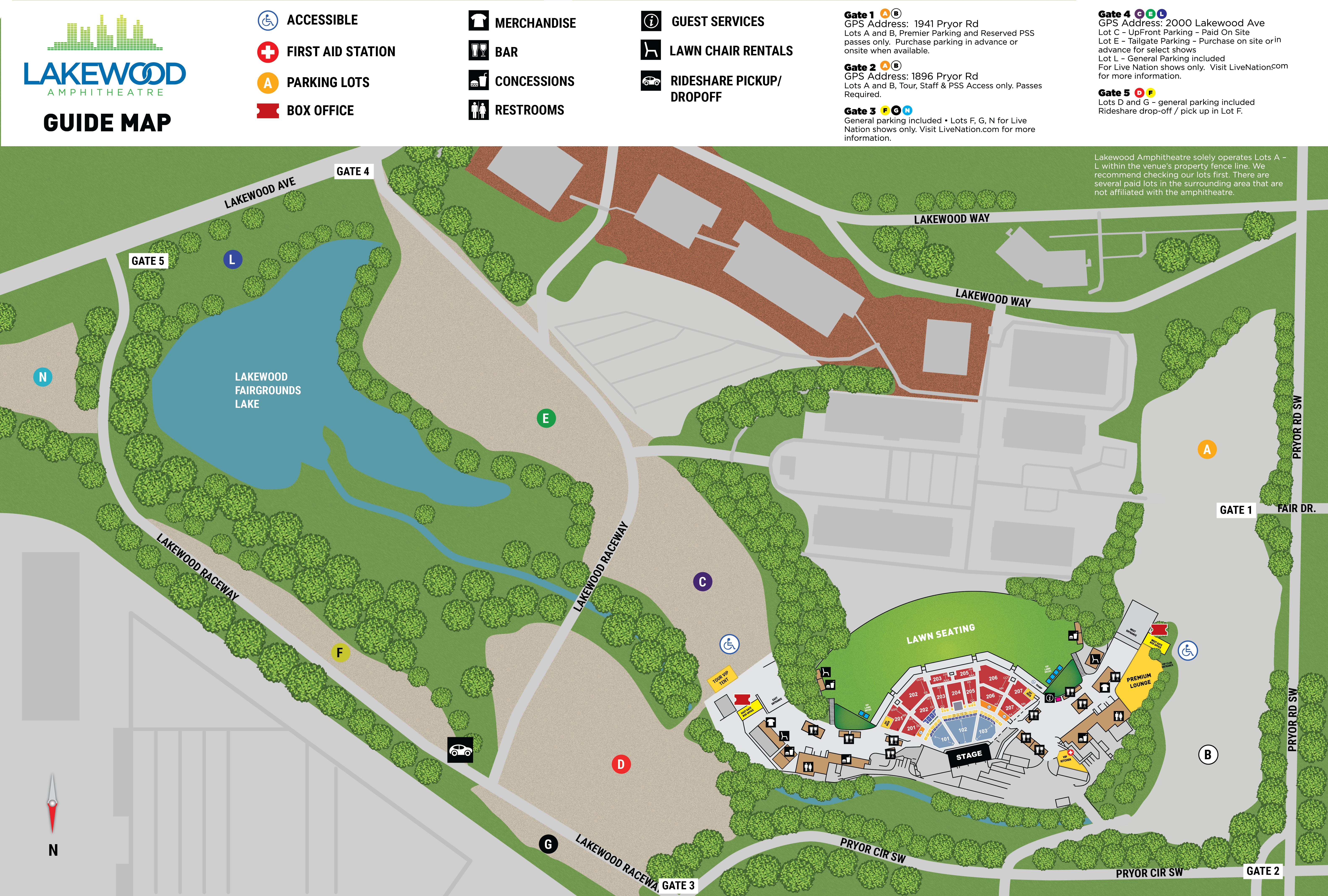 A map of parking lots and the interior of Lakewood Amphitheatre