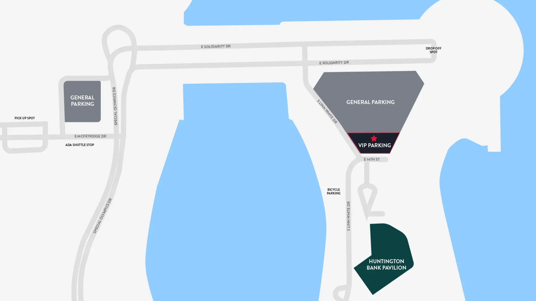 A map that shows all the parking lot options at Huntington Bank Pavilion at Northerly Island.