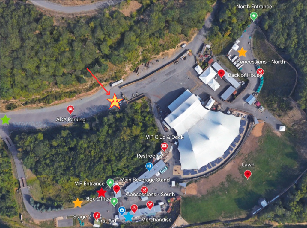 An aerial view of a venue map indicating key points at the venue