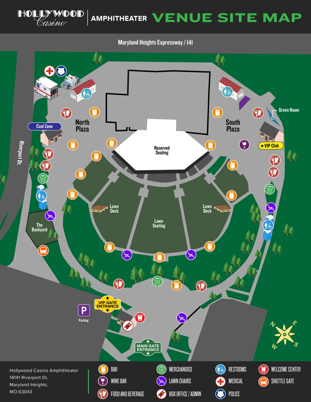 A map of Hollywood Casino Amphitheater shows locations for entrance gates, the Welcome Center, food and beverage stands, bars, merchandise, lawn chair rentals, the box office, restrooms, medical services, police and more.