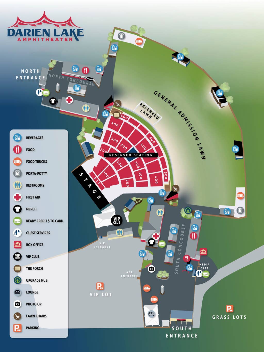 An illustrative map of Darien Lake Amphitheater showing the reserved seating area as well as the lawn. 