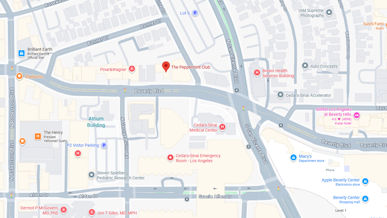 a map of streets surrounding Peppermint Club with a pin indicating the location.