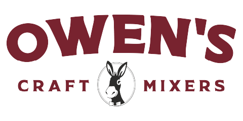 The Owen's Craft Mixers logo with bold red text with a donkey and bow tie inside a circle.
